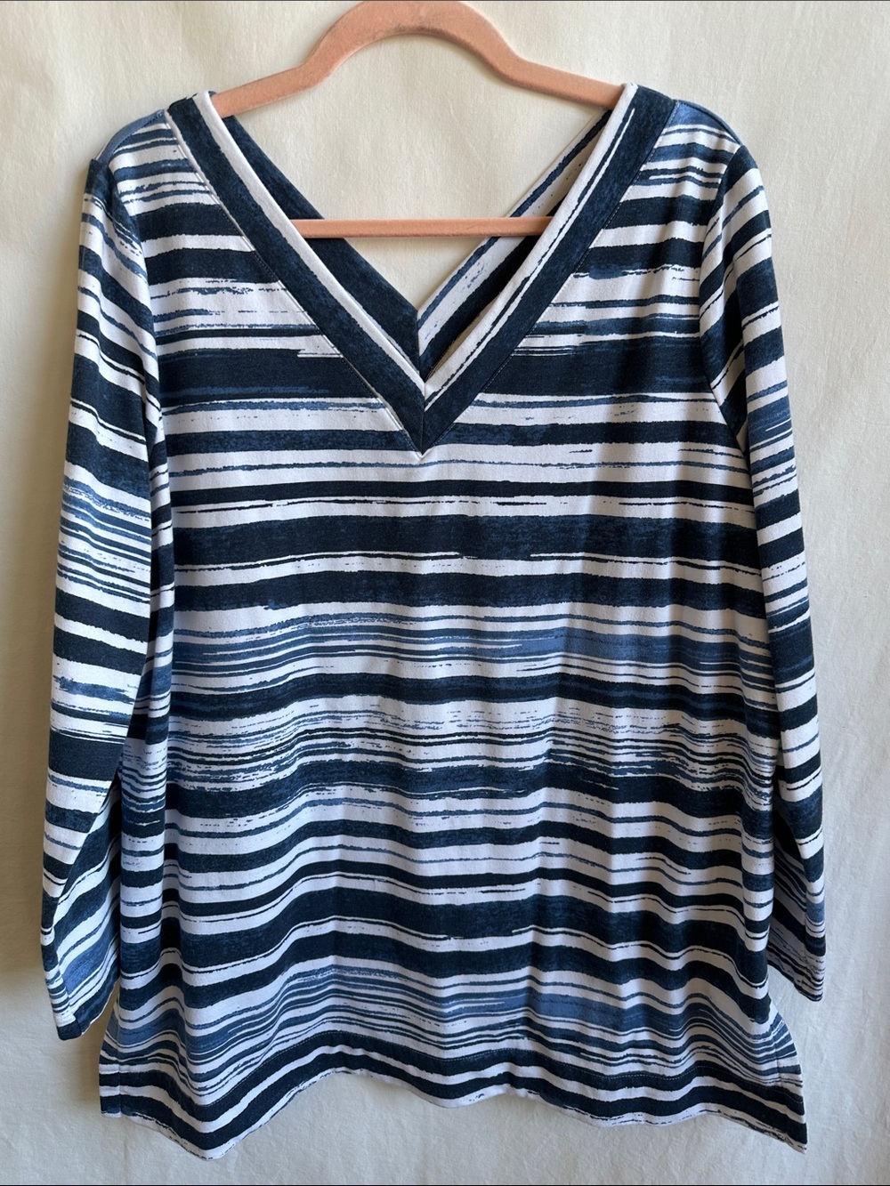 Chico's long sleeve top with blue stripes and double-V neckline, size 3 (XL)